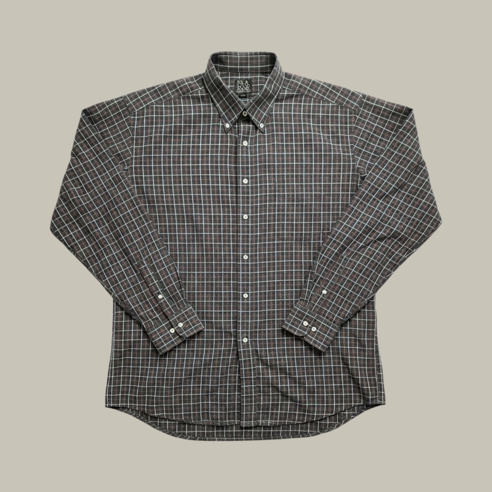 Jos. A. Bank Shirt Mens L Plaid Navy Blue Red Cotton Button Down Long Sleeve